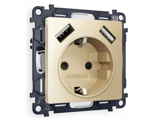 Розетка с заземлением и со шторкой и 2хUSB type A, без рамки Ambrella Volt Quant MA609010 Розетка с заземлением и со шторкой и 2хUSB type A, без рамки Ambrella Volt Quant MA609010