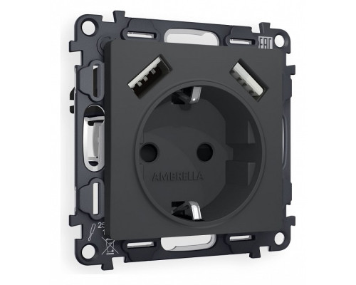 Розетка с заземлением и со шторкой и 2хUSB type A, без рамки Ambrella Volt Quant MA909010 Розетка с заземлением и со шторкой и 2хUSB type A, без рамки Ambrella Volt Quant MA909010