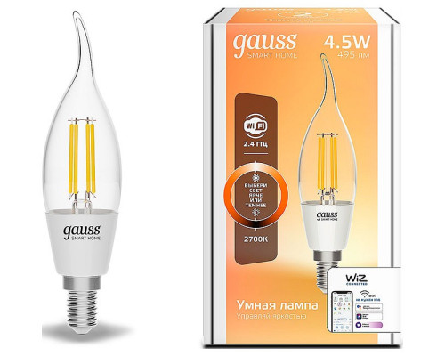Лампа светодиодная с управлением через Wi-Fi Gauss Smart Home E14 4.5Вт 2700K 1260112 Лампа светодиодная с управлением через Wi-Fi Gauss Smart Home E14 4.5Вт 2700K 1260112