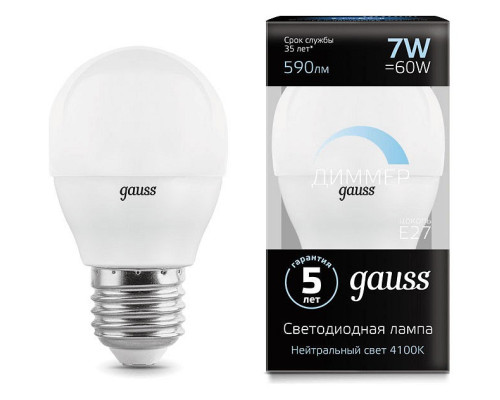 Лампа светодиодная Gauss LED Globe-dim E27 7Вт 4100K 105102207-D Лампа светодиодная Gauss LED Globe-dim E27 7Вт 4100K 105102207-D