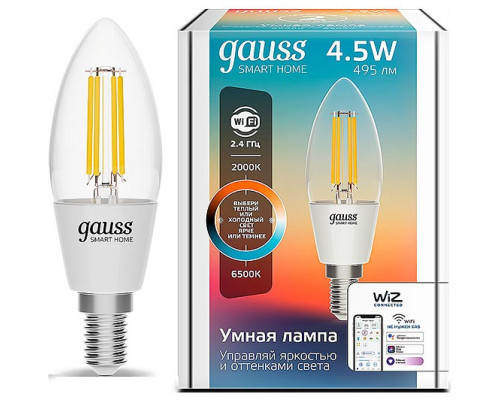 Лампа светодиодная с управлением через Wi-Fi Gauss Smart Home E14 4.5Вт 2000-6500K 1250112 Лампа светодиодная с управлением через Wi-Fi Gauss Smart Home E14 4.5Вт 2000-6500K 1250112