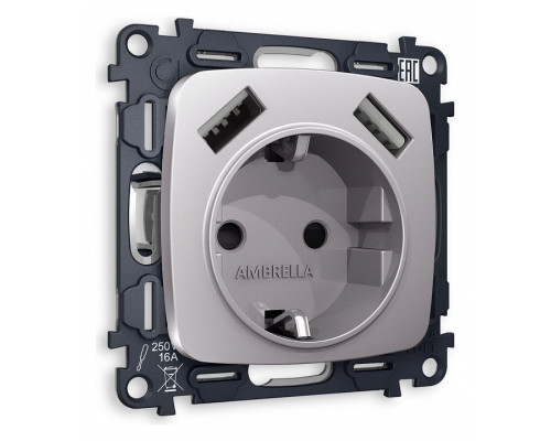 Розетка с заземлением и 2хUSB type A, без рамки Ambrella Volt Quant MO509010 Розетка с заземлением и 2хUSB type A, без рамки Ambrella Volt Quant MO509010