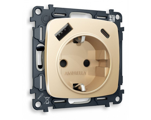 Розетка с заземлением и 2хUSB type A и C, без рамки Ambrella Volt Quant MO610010 Розетка с заземлением и 2хUSB type A и C, без рамки Ambrella Volt Quant MO610010