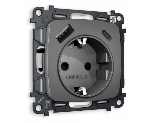 Розетка с заземлением и 2хUSB type A и C, без рамки Ambrella Volt Quant MO660010 Розетка с заземлением и 2хUSB type A и C, без рамки Ambrella Volt Quant MO660010