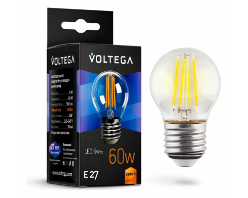 Лампа светодиодная Voltega Globe E27 6W E27 6Вт 2800K 7023 Лампа светодиодная Voltega Globe E27 6W E27 6Вт 2800K 7023