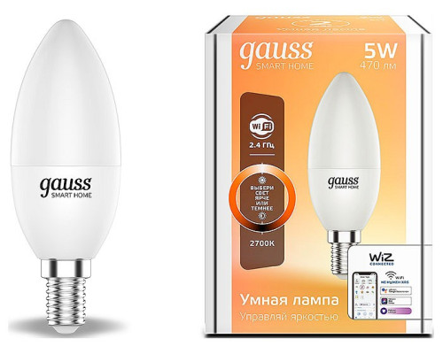 Лампа светодиодная с управлением через Wi-Fi Gauss Smart Home E14 5Вт 2700K 1100112 Лампа светодиодная с управлением через Wi-Fi Gauss Smart Home E14 5Вт 2700K 1100112