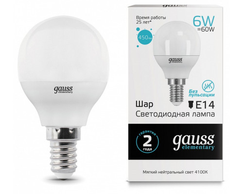 Лампа светодиодная Gauss LED Elementary Globe E14 6Вт 4100K 53126 Лампа светодиодная Gauss LED Elementary Globe E14 6Вт 4100K 53126