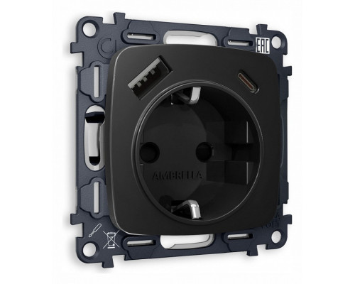 Розетка с заземлением и 2хUSB type A и C, без рамки Ambrella Volt Quant MO810010 Розетка с заземлением и 2хUSB type A и C, без рамки Ambrella Volt Quant MO810010
