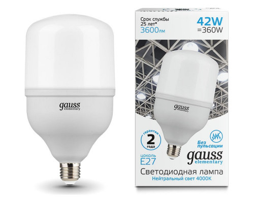 Лампа светодиодная Gauss Elementary LED T120 E27 42Вт 4000K 63224 Лампа светодиодная Gauss Elementary LED T120 E27 42Вт 4000K 63224