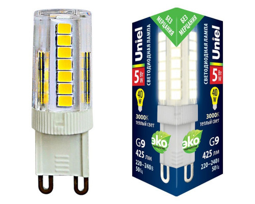 Лампа светодиодная Uniel G9 5Вт 3000K LED-JCD-5W/3000K/G9/CL GLZ09TR картон Лампа светодиодная Uniel G9 5Вт 3000K LED-JCD-5W/3000K/G9/CL GLZ09TR картон