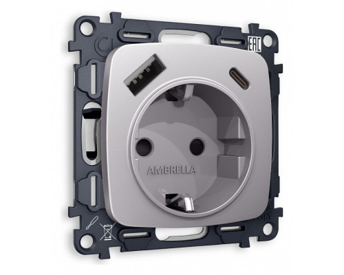 Розетка с заземлением и 2хUSB type A и C, без рамки Ambrella Volt Quant MO510010 Розетка с заземлением и 2хUSB type A и C, без рамки Ambrella Volt Quant MO510010