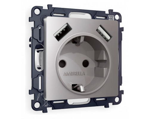 Розетка с заземлением и со шторкой и 2хUSB type A, без рамки Ambrella Volt Quant MA509010 Розетка с заземлением и со шторкой и 2хUSB type A, без рамки Ambrella Volt Quant MA509010