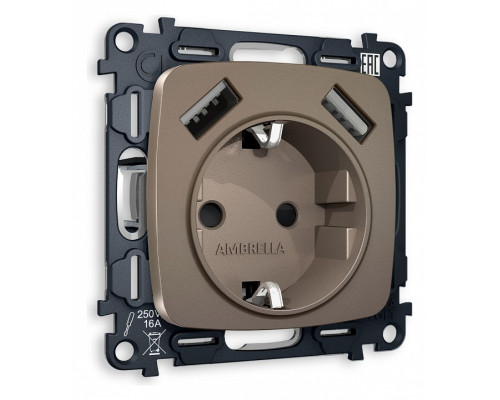 Розетка с заземлением и 2хUSB type A, без рамки Ambrella Volt Quant MO639010 Розетка с заземлением и 2хUSB type A, без рамки Ambrella Volt Quant MO639010