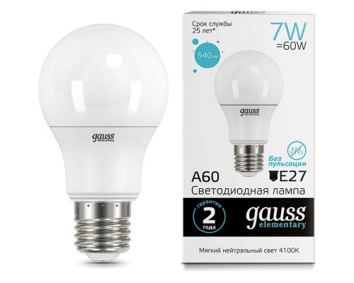 Лампа светодиодная Gauss Led Elementary A60 E27 7Вт 4100K 23227A Лампа светодиодная Gauss Led Elementary A60 E27 7Вт 4100K 23227A