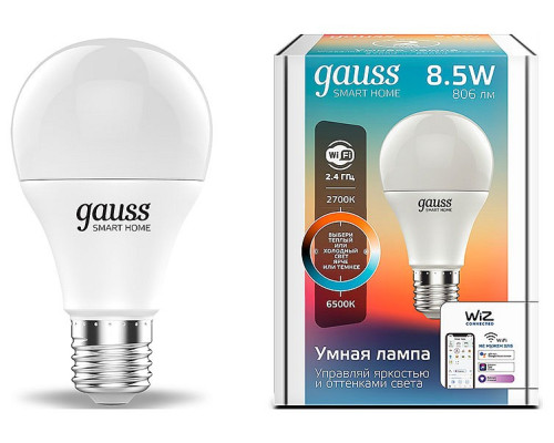 Лампа светодиодная с управлением через Wi-Fi Gauss Smart Home E27 8.5Вт 2700-6500K 1130112 Лампа светодиодная с управлением через Wi-Fi Gauss Smart Home E27 8.5Вт 2700-6500K 1130112