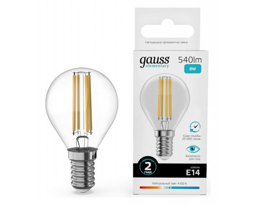 Лампа светодиодная Gauss Filament Elementary E14 8Вт 4100K 52128 Лампа светодиодная Gauss Filament Elementary E14 8Вт 4100K 52128