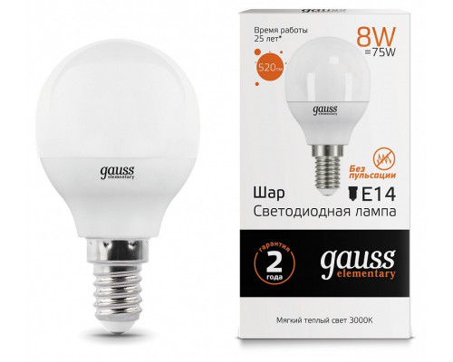 Лампа светодиодная Gauss LED Elementary Globe E14 8Вт 3000K 53118 Лампа светодиодная Gauss LED Elementary Globe E14 8Вт 3000K 53118