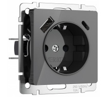 Розетка с заземлением и со шторками и 2хUSB, без рамки Werkel графит акрил W1171744