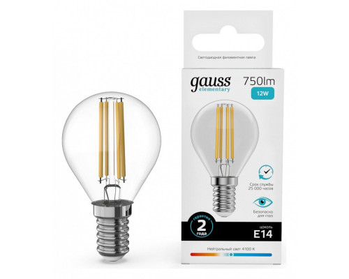 Лампа светодиодная Gauss Filament Elementary E14 12Вт 4100K 52122 Лампа светодиодная Gauss Filament Elementary E14 12Вт 4100K 52122