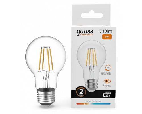 Лампа светодиодная Gauss Filament Elementary E27 9Вт 2700K 22219 Лампа светодиодная Gauss Filament Elementary E27 9Вт 2700K 22219