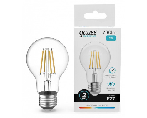 Лампа светодиодная Gauss Filament Elementary E27 9Вт 4100K 22229 Лампа светодиодная Gauss Filament Elementary E27 9Вт 4100K 22229