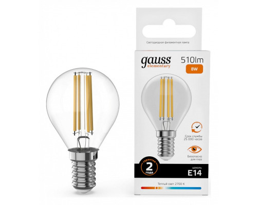 Лампа светодиодная Gauss Filament Elementary E14 8Вт 2700K 52118 Лампа светодиодная Gauss Filament Elementary E14 8Вт 2700K 52118