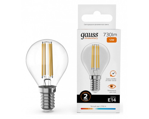 Лампа светодиодная Gauss Filament Elementary E14 12Вт 2700K 52112 Лампа светодиодная Gauss Filament Elementary E14 12Вт 2700K 52112