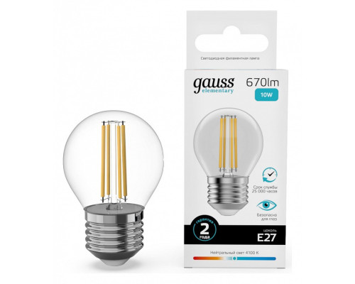 Лампа светодиодная Gauss Filament Elementary E27 10Вт 4100K 52220 Лампа светодиодная Gauss Filament Elementary E27 10Вт 4100K 52220