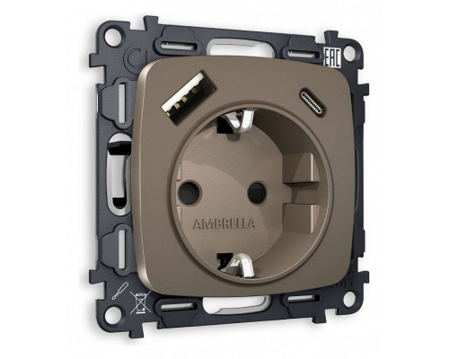 Розетка с заземлением и 2хUSB type A и C, без рамки Ambrella Volt Quant MO640010 Розетка с заземлением и 2хUSB type A и C, без рамки Ambrella Volt Quant MO640010