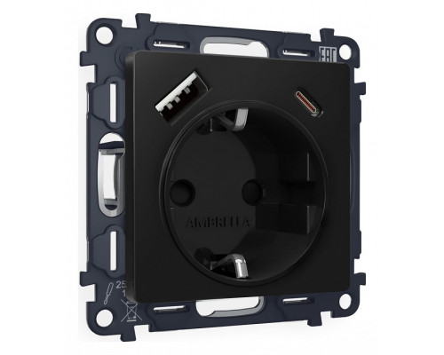 Розетка с заземлением и 2хUSB type A и C, без рамки Ambrella Volt Quant MA810010 Розетка с заземлением и 2хUSB type A и C, без рамки Ambrella Volt Quant MA810010