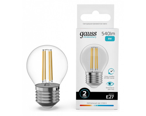 Лампа светодиодная Gauss Filament Elementary E27 8Вт 4100K 52228 Лампа светодиодная Gauss Filament Elementary E27 8Вт 4100K 52228